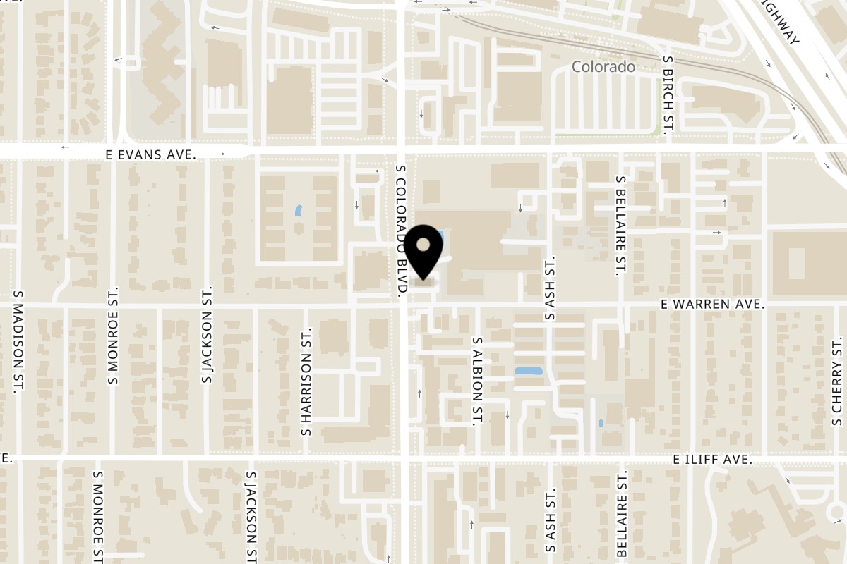 Map showing the location of Crown Burgers on 2192 S Colorado Blvd in Denver